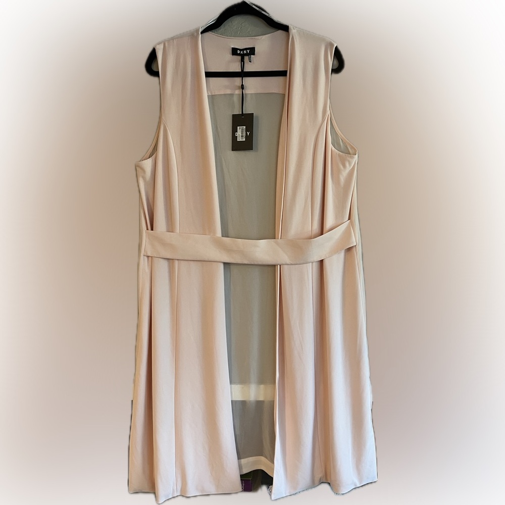 NWT DKNY Open-Front Vest Mixed Media Belted Front Sheer Back with Slits …